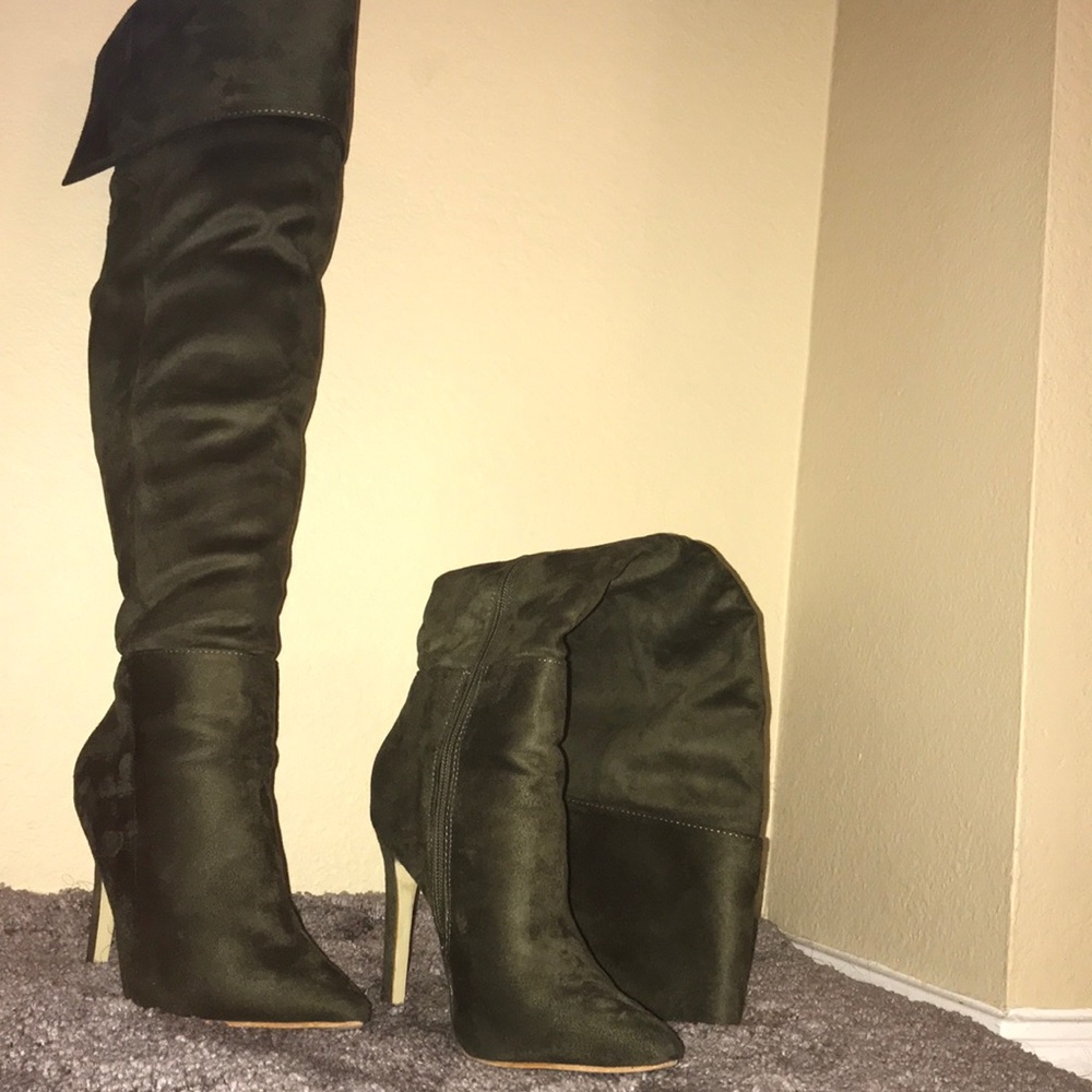 Olive green knee high heeled boots